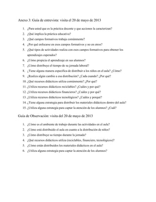 Anexo 3: Guía de entrevista: visita el 20 de mayo de 2013
1. ¿Para usted que es la práctica docente y que acciones la caracterizan?
2. ¿Qué implica la práctica educativa?
3. ¿Qué campos formativos trabaja comúnmente?
4. ¿Por qué enfocarse en esos campos formativos y no en otros?
5. ¿Qué tipos de actividades realiza con esos campos formativos para obtener los
aprendizajes esperados?
6. ¿Cómo propicia el aprendizaje en sus alumnos?
7. ¿Cómo distribuye el tiempo de su jornada laboral?
8. ¿Tiene alguna manera específica de distribuir a los niños en el aula? ¿Cómo?
9. ¿Realiza algún cambio a esa distribución? ¿Cada cuando? ¿Por qué?
10. ¿Qué recursos didácticos utiliza comúnmente? ¿Por qué?
11. ¿Utiliza recursos didácticos reciclables? ¿Cuáles y por qué?
12. ¿Utiliza recursos didácticos financieros? ¿Cuáles y por qué?
13. ¿Utiliza recursos didácticos tecnológicos? ¿Cuáles y porqué?
14. ¿Tiene alguna estrategia para distribuir los materiales didácticos dentro del aula?
15. ¿Utiliza alguna estrategia para captar la atención de los alumnos? ¿Cuál?
Guía de Observación: visita del 20 de mayo de 2013
1. ¿Cómo es el ambiente de trabajo durante las actividades en el aula?
2. ¿Cómo está distribuido el aula en cuanto a la distribución de niños?
3. ¿Cómo distribuye su tiempo durante la jornada?
4. ¿Qué recursos didácticos utiliza (reciclables, financiero, tecnológicos)?
5. ¿Cómo están distribuidos los materiales didácticos en el aula?
6. ¿Utiliza alguna estrategia para captar la atención de los alumnos?
 