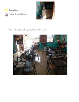 Bote de basura
Anaquel de material diverso
Anexo 3) fotografías de la organización de las sillas y mesas
 