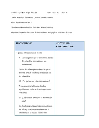 Fecha: 27 y 28 de Mayo de 2013 Hora: 8:30 a.m.-11:30 a.m.
Jardín de Niños: Socorro de Lourdes Azueta Marzuca
Guía de observación No. 1
Nombre del Entrevistador: Pech Sala Aimee Marilyn
Objetivo/Propósito: Procesos de interacciones pedagógicas en el aula de clase
TRANSCRIPCIÓN APUNTES DEL
ENTREVISTADOR
Tipos de interacciones en el aula
9. De los agentes que se encuentran dentro
del aula ¿Qué interacciones son
observables?
Dentro del aula se puede observar que la
docente, está en constante interacción con
los educandos
10. ¿Por qué surgen estas interacciones?
Primeramente a la llegada al aula y
seguidamente en las actividades que estén
realizando
11. ¿Con quienes interactúa la docente del
aula?
En el aula interactúa en todo momento con
los niños y en algunas ocasiones con la
intendente de la escuela cuanto entra
 