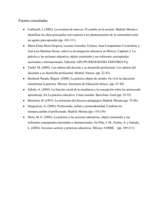 Fuentes consultadas
Carbonell, J. (2002). La aventura de innovar. El cambio en la escuela. Madrid: Morata e
identificar las ideas principales con respecto a los planteamientos de la comunidad como
un agente para aprender.(pp. 103-111)
María Elena Mora Oropeza, Luciano Gonzáles Velasco, Juan Campechano Covarrubias y
José Luis Martínez Rosas. (año) La investigación educativa en México. Capítulo 2. La
práctica y las acciones educativa, objeto construido y sus referentes conceptuales
nacionales e internacionales. Editorial: GRUPO IDEOGRAMA EDITORES P.p
Tardif. M. (2009). Los saberes del docente y su desarrollo profesional. Los saberes del
docenten y su desarrollo profesional. Madrid: Narcea. (pp. 22-42)
Bazdresh Parada, Miguel. (2000). La práctica objeto de estudio. En vivir la educación
transformar la práctica. México: Secretaría de Educación Jalisco. (pp. 47-49)
Zabala, A. (2005). La función social de la enseñanza y la concepción sobre los procesosde
aprendizaje. En La práctica educativa. Cómo enseñar. Barcelona: Graó.(pp. 25-35)
Bernstein, B. (1997). La estructura del discurso pedagógico Madrid: Morata.(pp. 72-99).
Hargreaves, A. (2005). Profesorado, cultura y posmodernidad. Cambian los
tiempos,cambia el profesorado. Madrid: Morata.(pp. 119-139)
Mora, M. E. (2003). La práctica y las acciones educativas, objeto construido y sus
referentes conceptuales nacionales e internacionales. En Piña, J. M., Furlan, A. y Sañudo,
L. (2003). Acciones, actores y prácticas educativas. México: COMIE. (pp. 189-211)
 