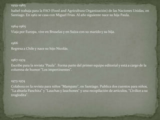 1959-1965Isabel trabaja para la FAO (Food and Agricultura Organización) de las Naciones Unidas, en Santiago. En 1962 se casa con Miguel Frías. Al año siguiente nace su hija Paula. 1964-1965 Viaja por Europa, vive en Bruselas y en Suiza con su marido y su hija. 1966Regresa a Chile y nace su hijo Nicolás. 1967-1974Escribe para la revista "Paula". Forma parte del primer equipo editorial y está a cargo de la columna de humor "Los impertinentes". 1973-1974 Colabora en la revista para niños "Mampato", en Santiago. Publica dos cuentos para niños, "La abuela Panchita" y "Lauchas y lauchones" y una recopilación de artículos, "Civilice a su troglodita". 