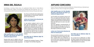 ¿Qué significa para ti el Día Mundial
del Libro y del Derecho de Autor? ¿Lo
celebras de alguna forma?
Ya lo he dicho: los escritores somos en el
Perú una especie de fabricantes de para-
guas en una ciudad que no llueve. ¿Qué si
celebro de alguna forma el Día del Libro?
Diría más bien que me sumo a las cele-
braciones.
Hay que defender simultáneamente el
libro y el árbol. No hay que ver solo el ár-
bol en las páginas de un libro sino leer un
libro bajo la sombra de un árbol.
¿Cómo ves el tema de los Derechos de
Autor en nuestro país?
Hay que tenerlos presente no solo cuan-
do se publica una de sus obras sino tam-
bién cuando ofrece una conferencia, se
usa un texto suyo, participa como jurado
de un concurso o asesora en alguna acti-
vidad cultural.
¿Qué significa para ti el Día Mundial
del Libro y del Derecho de Autor? ¿Lo
celebras de alguna forma?
Quisiera decir que lo celebro como me
cuentan que lo hacen amigos en España,
regalando una rosa o un libro. Gestos be-
Poeta. Premio Casa de las Américas 2006 por A bordo del arca. Llamado por
algunos críticos como“El mago de la palabra”.Socióloga y escritora. Entre otros, ha publicado Moby Dick en Cabo Blanco
(Estruendomudo, 2009) y El hombre que hablaba del cielo (Planeta, 2011), no-
vela ganadora del III Premio de Novela Breve de la Cámara Peruana del Libro.
ARTURO CORCUERAIRMA DEL ÁGUILA
llos. Pero no. El Día del Libro todavía pasa
desapercibido en nuestro país. Confío en
que no sea siempre así.
¿Cómo ves el tema de los Derechos de
Autor en nuestro país?
Lo que piensa cualquier autor en este
país: que está abandonado a su suerte.
El estado ha claudicado de su labor de
defensa de los intereses del autor que, en
última instancia, es también de defensa
de sus propios intereses pues son cientos
de millones de soles los que se pierden
anualmente por concepto de evasión tri-
butaria.
Dos libros que no debemos dejar de
leer en esta fecha.
“Freedom” de Jonathan Franzen y “Todas
las sangres”de José María Arguedas.
Dos libros que no debemos dejar de
leer en esta fecha.
En el marco de la celebración no debe
de faltar la poesía. Recomiendo leer ¡Oh,
Hada cibernética! de Carlos Germán Belli
y Noé delirante de mi autoría.
 