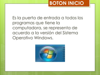 BOTON INICIO
Es la puerta de entrada a todos los
programas que tiene la
computadora, se representa de
acuerdo a la versión del Sistema
Operativo Windows.