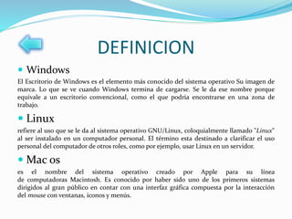 DEFINICION
 Windows
El Escritorio de Windows es el elemento más conocido del sistema operativo Su imagen de
marca. Lo que se ve cuando Windows termina de cargarse. Se le da ese nombre porque
equivale a un escritorio convencional, como el que podría encontrarse en una zona de
trabajo.
 Linux
refiere al uso que se le da al sistema operativo GNU/Linux, coloquialmente llamado "Linux"
al ser instalado en un computador personal. El término esta destinado a clarificar el uso
personal del computador de otros roles, como por ejemplo, usar Linux en un servidor.
 Mac os
es el nombre del sistema operativo creado por Apple para su línea
de computadoras Macintosh. Es conocido por haber sido uno de los primeros sistemas
dirigidos al gran público en contar con una interfaz gráfica compuesta por la interacción
del mouse con ventanas, iconos y menús.
 