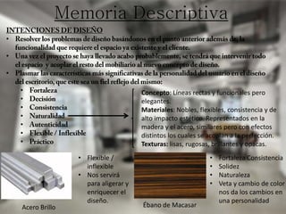 Memoria Descriptiva
INTENCIONES DE DISEÑO
• Resolver los problemas de diseño basándonos en el punto anterior además de, la
funcionalidad que requiere el espacio ya existente y el cliente.
• Una vez el proyecto se haya llevado acabo probablemente, se tendrá que intervenir todo
el espacio y acoplar el resto del mobiliario al nuevo concepto de diseño.
• Plasmar las características más significativas de la personalidad del usuario en el diseño
del escritorio, que este sea un fiel reflejo del mismo:
• Fortaleza
• Decisión
• Consistencia
• Naturalidad
• Autenticidad
• Flexible / Inflexible
• Práctico
Concepto: Líneas rectas y funcionales pero
elegantes.
Materiales: Nobles, flexibles, consistencia y de
alto impacto estético. Representados en la
madera y el acero, similares pero con efectos
distintos los cuales se acoplan a la perfección.
Texturas: lisas, rugosas, brillantes y opacas.
Ébano de MacasarAcero Brillo
• Fortaleza Consistencia
• Solidez
• Naturaleza
• Veta y cambio de color
nos da los cambios en
una personalidad
• Flexible /
inflexible
• Nos servirá
para aligerar y
enriquecer el
diseño.
 