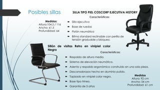 Posibles sillas
Características:
 Respaldo de altura media.
 Sistema de elevación neumática.
 Asiento y respaldo ergonómico construido en una sola pieza.
 Descansabrazos hecho en aluminio pulido.
 Tapizado en vinipiel color negro.
 Base tipo trineo.
 Garantía de 5 años
Sillón de visitas Retro en vinipiel color
Negro
Medidas
Altura: 92 cm
Ancho: 54 cm
Profundidad: 61 cm
SILLA TIPO PIEL COSCORP EJECUTIVA HISTORY
Características:
 Silla ejecutiva
 Base de ruedas
 Pistón neumático
 Bifma standard reclinable con perilla de
tensión graduable y bloqueo.
Medidas:
Altura:104.5 / 116
Ancho: 61.5
Profundidad: 64
 
