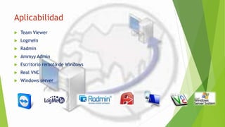 Aplicabilidad
 Team Viewer
 LogmeIn
 Radmin
 Ammyy Admin
 Escritorio remoto de Windows
 Real VNC
 Windows server
 