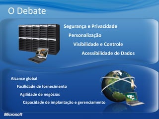 Alcance global
Facilidade de fornecimento
Agilidade de negócios
Capacidade de implantação e gerenciamento
Segurança e Privacidade
Personalização
Visibilidade e Controle
Acessibilidade de Dados
O Debate
 