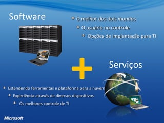 Estendendo ferramentas e plataforma para a nuvemEstendendo ferramentas e plataforma para a nuvem
Experiência através de diversos dispositivosExperiência através de diversos dispositivos
Os melhores controle de TIOs melhores controle de TI
Serviços
Software O melhor dos dois mundosO melhor dos dois mundos
O usuário no controleO usuário no controle
Opções de implantação para TIOpções de implantação para TI
+
 