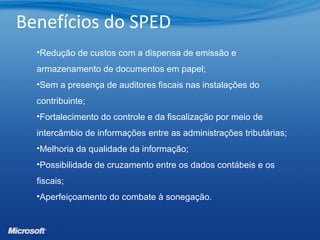 Benefícios do SPED
•Redução de custos com a dispensa de emissão e
armazenamento de documentos em papel;
•Sem a presença de auditores fiscais nas instalações do
contribuinte;
•Fortalecimento do controle e da fiscalização por meio de
intercâmbio de informações entre as administrações tributárias;
•Melhoria da qualidade da informação;
•Possibilidade de cruzamento entre os dados contábeis e os
fiscais;
•Aperfeiçoamento do combate à sonegação.
 