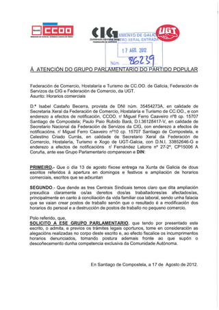 Escritos grupos parlamentarios ampliación horarios comerciais