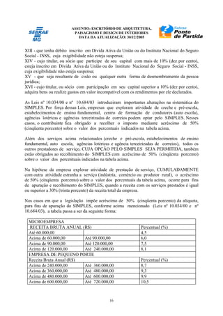 ASSUNTO: ESCRITÓRIO DE ARQUITETURA,
PAISAGISMO E DESIGN DE INTERIORES
DATA DA ATUALIZAÇÃO: 30/12/2005
16
XIII - que tenha débito inscrito em Dívida Ativa da União ou do Instituto Nacional do Seguro
Social - INSS, cuja exigibilidade não esteja suspensa;
XIV - cujo titular, ou sócio que participe de seu capital com mais de 10% (dez por cento),
esteja inscrito em Dívida Ativa da União ou do Instituto Nacional do Seguro Social - INSS,
cuja exigibilidade não esteja suspensa;
XV - que seja resultante de cisão ou qualquer outra forma de desmembramento da pessoa
jurídica;
XVI - cujo titular, ou sócio com participação em seu capital superior a 10% (dez por cento),
adquira bens ou realize gastos em valor incompatível com os rendimentos por ele declarados.
As Leis nº 10.034/00 e nº 10.684/03 introduziram importantes alterações na sistemática do
SIMPLES. Por força dessas Leis, empresas que exploram atividade de creche e pré-escola,
estabelecimentos de ensino fundamental, centro de formação de condutores (auto escola),
agências lotéricas e agências terceirizadas de correios podem optar pelo SIMPLES. Nesses
casos, o contribuinte fica obrigado a recolher o imposto mediante acréscimo de 50%
(cinqüenta porcento) sobre o valor dos percentuais indicados na tabela acima.
Além dos serviços acima relacionados (creche e pré-escola, estabelecimentos de ensino
fundamental, auto escola, agências lotéricas e agência terceirizadas de correios), todos os
outros prestadores de serviço, CUJA OPÇÃO PELO SIMPLES SEJA PERMITIDA, também
estão obrigados ao recolhimento do SIMPLES com acréscimo de 50% (cinqüenta porcento)
sobre o valor dos percentuais indicados na tabela acima.
Na hipótese da empresa explorar atividade de prestação de serviço, CUMULADAMENTE
com outra atividade estranha a serviço (indústria, comércio ou produtor rural), o acréscimo
de 50% (cinqüenta porcento) sobre o valor dos percentuais da tabela acima, ocorre para fins
de apuração e recolhimento do SIMPLES, quando a receita com os serviços prestados é igual
ou superior a 30% (trinta porcento) da receita total da empresa.
Nos casos em que a legislação impõe acréscimo de 50% (cinqüenta porcento) da alíquota,
para fins de apuração do SIMPLES, conforme acima mencionado (Leis nº 10.034/00 e nº
10.684/03), a tabela passa a ser da seguinte forma:
MICROEMPRESA
RECEITA BRUTA ANUAL (R$) Percentual (%)
Até 60.000,00 4,5
Acima de 60.000,00 Até 90.000,00 6,0
Acima de 90.000,00 Até 120.000,00 7,5
Acima de 120.000,00 Até 240.000,00 8,1
EMPRESA DE PEQUENO PORTE
Receita Bruta Anual (R$) Percentual (%)
Acima de 240.000,00 Até 360.000,00 8,7
Acima de 360.000,00 Até 480.000,00 9,3
Acima de 480.000,00 Até 600.000,00 9,9
Acima de 600.000,00 Até 720.000,00 10,5
 