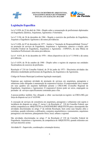 ASSUNTO: ESCRITÓRIO DE ARQUITETURA,
PAISAGISMO E DESIGN DE INTERIORES
DATA DA ATUALIZAÇÃO: 30/12/2005
8
Legislação Específica
Lei nº 4.950, de 22 de abril de 1966 - Dispõe sobre a remuneração de profissionais diplomados
em Engenharia, Química, Arquitetura, Agronomia e Veterinária.
Lei nº 5.194, de 24 de dezembro de 1966 - Regula o exercício das profissões de Engenheiro,
Arquiteto e Engenheiro Agrônomo e dá outras providências.
Lei nº 6.496, de 07 de dezembro de 1977 - Institui a "Anotação de Responsabilidade Técnica"
na prestação de serviços de Engenharia, Arquitetura e Agronomia; autoriza a criação, pelo
Conselho Federal de Engenharia, Arquitetura e Agronomia - CONFEA, de uma Mútua de
Assistência Profissional e dá outras providências.
Lei nº 6.619, de 16 de dezembro de 1978 - Altera dispositivos da Lei nº 5.194/66 e dá outras
providências.
Lei nº 6.839, de 30 de outubro de 1980 - Dispõe sobre o registro de empresas nas entidades
fiscalizadoras do exercício de profissões.
Resolução nº 218 do Conselho Federal, de 29 de junho de 1973 - Discrimina atividades das
diferentes modalidades profissionais da Engenharia, da Arquitetura e da Agronomia.
Código de Postura Municipal (conforme legislação municipal).
Empresas que exploram atividade de prestação de serviços em arquitetura, paisagismo e
urbanismo estão obrigadas à manutenção de responsável técnico. O empreendedor deve manter
em seus quadros um arquiteto habilitado perante o CREA-MG (Conselho Regional de
Engenharia, Arquitetura e Agronomia). O responsável técnico pode ser sócio, empregado ou
prestador de serviços especificamente contratado para o fim.
A pessoa jurídica também fica obrigada a obter sua inscrição no registro no CREA-MG, por
força do disposto na Lei nº 6.839/80.
A execução de serviços de consultoria em arquitetura, paisagismo e urbanismo está sujeita à
incidência do disposto no artigo 2º, inciso I, da Resolução nº 218 do Conselho Federal, que
atribui competência ao ARQUITETO ou ENGENHEIRO ARQUITETO para o desempenho das
atividades discriminadas no artigo 1º da referida Resolução, bem como suas funções afins e
correlatas, quando referentes a edificações, conjuntos arquitetônicos e monumentos, arquitetura
paisagística e de interiores, planejamento físico, local, urbano e regional.
São atividades discriminadas no artigo 1º da Resolução nº 218 do Conselho Federal de
Engenharia, Arquitetura e Agronomia, de competência do ARQUITETO, quando referentes aos
serviços descritos acima:
Atividade 01 - Supervisão, coordenação e orientação técnica;
 