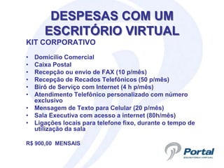 DESPESAS COM UM
      ESCRITÓRIO VIRTUAL
KIT CORPORATIVO
• Domicílio Comercial
• Caixa Postal
• Recepção ou envio de FAX (10 p/mês)
• Recepção de Recados Telefônicos (50 p/mês)
• Birô de Serviço com Internet (4 h p/mês)
• Atendimento Telefônico personalizado com número
  exclusivo
• Mensagem de Texto para Celular (20 p/mês)
• Sala Executiva com acesso a internet (80h/mês)
• Ligações locais para telefone fixo, durante o tempo de
  utilização da sala

R$ 900,00 MENSAIS
 