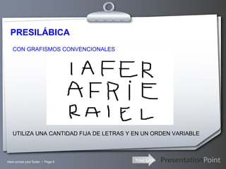 PRESILÁBICA CON GRAFISMOS CONVENCIONALES UTILIZA UNA CANTIDAD FIJA DE LETRAS Y EN UN ORDEN VARIABLE 