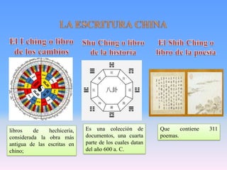 libros    de   hechicería,   Es una colección de         Que     contiene   311
considerada la obra más      documentos, una cuarta      poemas.
antigua de las escritas en   parte de los cuales datan
chino;                       del año 600 a. C.
 