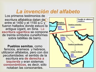 La invención del alfabeto
  Los primeros testimonios de
  escritura alfabética datan de
  entre el 1450 y el 1150 a.C y
                               
fueron hallados donde estuvo la
   antigua Ugarit, en Siria. La
escritura ugarítica se compone
de treinta símbolos cuneiformes
     sobre tablillas de barro.

      Pueblos semitas, como
  fenicios, arameos y hebreos,
utilizaron alfabetos, pero con dos
 peculiaridades: el sentido de la
    escritura era de derecha a
     izquierda y eran sistemas
 consonánticos, es decir, sólo
     notaban las consonantes.
 