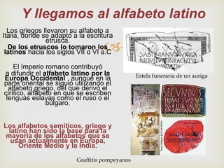Y llegamos al alfabeto latino
  Los griegos llevaron su alfabeto a
Italia, donde se adaptó a la escritura

                                   
               etrusca.
  De los etruscos lo tomaron los
 latinos hacia los siglos VII o VI a.C

    El Imperio romano contribuyó
a difundir el alfabeto latino por la            Estela funeraria de un auriga
Europa Occidental , aunque en la
parte oriental se siguió utilizando el
  alfabeto griego, del que derivó el
cirílico, alfabeto en que se escriben
 lenguas eslavas como el ruso o el
                búlgaro.


Los alfabetos semíticos, griego y
 latino han sido la base para la
 mayoría de los alfabetos que se
  usan actualmente en Europa,
     Oriente Medio y la India.

                         Graffitis pompeyanos
 