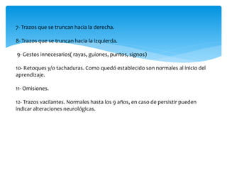 7- Trazos que se truncan hacia la derecha. 
8- Trazos que se truncan hacia la izquierda. 
9- Gestos innecesarios( rayas, guiones, puntos, signos) 
10- Retoques y/o tachaduras. Como quedó establecido son normales al inicio del 
aprendizaje. 
11- Omisiones. 
12- Trazos vacilantes. Normales hasta los 9 años, en caso de persistir pueden 
indicar alteraciones neurológicas. 
 