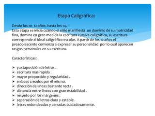 Etapa Caligráfica: 
Desde los 10- 12 años, hasta los 14. 
Esta etapa se inicia cuando el niño manifiesta un dominio de su motricidad 
fina, domina en gran medida la escritura cursiva caligráfica, su escritura 
corresponde al ideal caligráfico escolar. A partir de los 12 años el 
preadolescente comienza a expresar su personalidad por lo cual aparecen 
rasgos personales en su escritura. 
Características: 
 yuxtaposición de letras . 
 escritura mas rápida . 
 mayor proporción y regularidad . 
 enlaces creados por él mismo. 
 dirección de líneas bastante recta . 
 distancia entre líneas con gran estabilidad . 
 respeto por los márgenes . 
 separación de letras clara y estable . 
 letras redondeadas y cerradas cuidadosamente. 
 