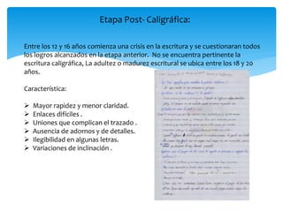 Etapa Post- Caligráfica: 
Entre los 12 y 16 años comienza una crisis en la escritura y se cuestionaran todos 
los logros alcanzados en la etapa anterior. No se encuentra pertinente la 
escritura caligráfica, La adultez o madurez escritural se ubica entre los 18 y 20 
años. 
Característica: 
 Mayor rapidez y menor claridad. 
 Enlaces difíciles . 
 Uniones que complican el trazado . 
 Ausencia de adornos y de detalles. 
 Ilegibilidad en algunas letras. 
 Variaciones de inclinación . 
 