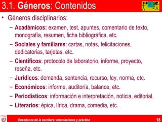 Enseñanza de la escritura: orientaciones y práctica 18
3.1. Géneros: Contenidos
• Géneros disciplinarios:
– Académicos: examen, test, apuntes, comentario de texto,
monografía, resumen, ficha bibliográfica, etc.
– Sociales y familiares: cartas, notas, felicitaciones,
dedicatorias, tarjetas, etc.
– Científicos: protocolo de laboratorio, informe, proyecto,
reseña, etc.
– Jurídicos: demanda, sentencia, recurso, ley, norma, etc.
– Económicos: informe, auditoría, balance, etc.
– Periodísticos: información e interpretación, noticia, editorial.
– Literarios: épica, lírica, drama, comedia, etc.
AA
AA
A
 