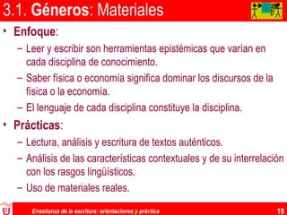 Enseñanza de la escritura: orientaciones y práctica 19
3.1. Géneros: Materiales
• Enfoque:
– Leer y escribir son herramientas epistémicas que varían en
cada disciplina de conocimiento.
– Saber física o economía significa dominar los discursos de la
física o la economía.
– El lenguaje de cada disciplina constituye la disciplina.
• Prácticas:
– Lectura, análisis y escritura de textos auténticos.
– Análisis de las características contextuales y de su interrelación
con los rasgos lingüísticos.
– Uso de materiales reales.
AA
AA
A
 