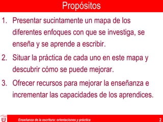 Enseñanza de la escritura: orientaciones y práctica 2
Propósitos
1. Presentar sucintamente un mapa de los
diferentes enfoques con que se investiga, se
enseña y se aprende a escribir.
2. Situar la práctica de cada uno en este mapa y
descubrir cómo se puede mejorar.
3. Ofrecer recursos para mejorar la enseñanza e
incrementar las capacidades de los aprendices.
 