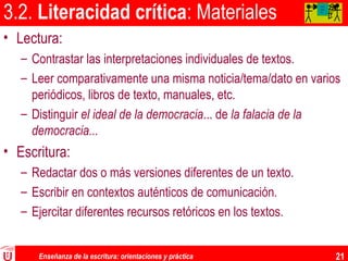 Enseñanza de la escritura: orientaciones y práctica 21
3.2. Literacidad crítica: Materiales
• Lectura:
– Contrastar las interpretaciones individuales de textos.
– Leer comparativamente una misma noticia/tema/dato en varios
periódicos, libros de texto, manuales, etc.
– Distinguir el ideal de la democracia... de la falacia de la
democracia...
• Escritura:
– Redactar dos o más versiones diferentes de un texto.
– Escribir en contextos auténticos de comunicación.
– Ejercitar diferentes recursos retóricos en los textos.
AA
AA
A
 