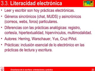 Enseñanza de la escritura: orientaciones y práctica 23
3.3. Literacidad electrónica
• Leer y escribir son hoy prácticas electrónicas.
• Géneros sincrónicos (chat, MUDS) y asincrónicos
(correos, webs, foros) particulares.
• Diferencias con las prácticas analógicas: registro,
cortesía, hipertextualidad, hipervínculos, multimodalidad.
• Autores: Herring, Warschauer, Yus, Cruz Piñol.
• Prácticas: inclusión esencial de lo electrónico en las
prácticas de lectura y escritura.
AA
AA
A
 