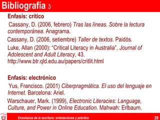 Enseñanza de la escritura: orientaciones y práctica 28
Bibliografía 3
Enfasis: crítico
Cassany, D. (2006, febrero) Tras las líneas. Sobre la lectura
contemporánea. Anagrama.
Cassany, D. (2006, setiembre) Taller de textos. Paidós.
Luke, Allan (2000): “Critical Literacy in Australia”, Journal of
Adolescent and Adult Literacy, 43.
http://www.btr.qld.edu.au/papers/critlit.html
Enfasis: electrónico
Yus, Francisco. (2001) Ciberpragmática. El uso del lenguaje en
Internet. Barcelona: Ariel.
Warschauer, Mark. (1999), Electronic Literacies: Language,
Culture, and Power in Online Education. Mahwah: Erlbaum.
 