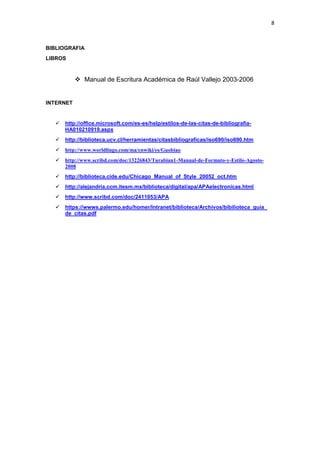 8
BIBLIOGRAFIA
LIBROS
 Manual de Escritura Académica de Raúl Vallejo 2003-2006
INTERNET
 http://office.microsoft.com/es-es/help/estilos-de-las-citas-de-bibliografia-
HA010210919.aspx
 http://biblioteca.ucv.cl/herramientas/citasbibliograficas/iso690/iso690.htm
 http://www.worldlingo.com/ma/enwiki/es/Guobiao
 http://www.scribd.com/doc/13226843/Turabian1-Manual-de-Formato-y-Estilo-Agosto-
2008
 http://biblioteca.cide.edu/Chicago_Manual_of_Style_20052_oct.htm
 http://alejandria.ccm.itesm.mx/biblioteca/digital/apa/APAelectronicas.html
 http://www.scribd.com/doc/2411053/APA
 https://wwws.palermo.edu/homer/Intranet/biblioteca/Archivos/bibilioteca_guia_
de_citas.pdf
 