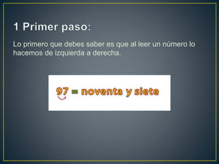 Lo primero que debes saber es que al leer un número lo 
hacemos de izquierda a derecha. 
 
