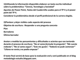 1)Utilizando la información disponible elaborar un texto escrito individual
sobre la problemática: “Ciencia, Tecnología y Sociedad”
Apuntes de Power Point, Textos del Cuadernillo usados para el TP 4 y el power
point del TP 4.
Considerar la problemática desde el perfil profesional de la carrera elegida.

2)Plantear y dejar visibles cada aspecto del proceso
Objetivo de escritura : Responder a una pregunta concreta
Plan
Borradores
Último borrador

Anotar a medida los pensamientos y dificultades o aciertos que van teniendo
durante el proceso de escritura: “No sé como formular la pregunta”, “Me cuesta
redactar”, “No sé como seguir”, “Esto me gusta”, “Todavía no pude comenzar”
“Liliana no venía y no podía empezar”

El texto final servirá de base para la evaluación oral y será publicado en el blog
metodología-estudio.blogspot.com.
 