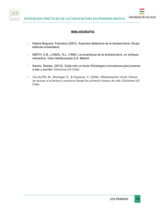 POTENCIAR PRÁCTICAS DE LECTOESCRITURA EN PRIMERO BÁSICO
	
LEO	PRIMERO							 	16	
	
BIBLIOGRAFÍA
- Galera Noguera, Francisco (2001). Aspectos didácticos de la lectoescritura. Grupo
editorial universitario.
- SMITH, C.B., y DAHL, K.L. (1995): La enseñanza de la lectoescritura: un enfoque
interactivo. Visor distribuciones S.A. Madrid.
- Swartz, Stanley. (2010). Cada niño un lector Estrategias innovadoras para ensenar
a leer y escribir. Ediciones UC Chile.
- VILLALÓN, M., Bedregal, D., & Figueroa, V. (2008). Alfabetización inicial: Claves
de acceso a la lectura y escritura desde los primeros meses de vida. Ediciones UC
Chile.
 