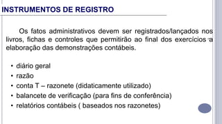 6
Os fatos administrativos devem ser registrados/lançados nos
livros, fichas e controles que permitirão ao final dos exercícios a
elaboração das demonstrações contábeis.
• diário geral
• razão
• conta T – razonete (didaticamente utilizado)
• balancete de verificação (para fins de conferência)
• relatórios contábeis ( baseados nos razonetes)
INSTRUMENTOS DE REGISTRO
 