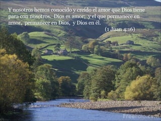 Y nosotros hemos conocido y creído el amor que Dios tiene para con nosotros.  Dios es amor;  y el que permanece en amor,  permanece en Dios,  y Dios en él.  (1 Juan 4:16) 