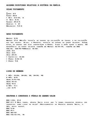 ALGUMAS ESCRITURAS RELATIVAS À HISTÓRIA DA FAMÍL IA

VELHO TESTAMENTO

Êxodo 3:5
Êxodo 25 : 8
I Re i s 5 : 5 – 1 8 ; 6
I I Re i s 2 : 1 5 .
Salmo s 24 :3 –4
Obad i a s 1 : 2 1
Malaqu i a s 4:5 – 6



NOVO TESTAMENTO

Mateu s 3: 1 5
Mateu s 17 : 3 (Mo i s é s po s s u í a as chav e s da co l i g a çã o de I s r a e l e da co l i g a ç ã o
da s de z tr i b o s . El i a s , o Pro f e t a , po s s u í a as chav e s do po d e r se l a d o r . Foram
es t a s as chav e s que el e s con f e r i r a m a Ped r o , T i a g o e Jo ã o so b r e o mont e . Há
re f e r ê n c i a ao po d e r se l a d o r tamb é m em Mateu s 16 : 1 8 – 1 9 ; tamb é m em D&C
1 28 : 1 0 ; 138 : 4 5 – 48Marco s 16 : 1 6 )
Jo ã o 3:5
Atos 3:2 1
Atos 24 : 1 5
I Cor í n t i o s 1 5 : 2 9
I Ped r o 3: 1 8 – 1 9
I Ped r o 4:6




LIVRO DE MÓRMON

1 Né f i 13 : 2 6 ,    28–29 ,   32 , 34–35 , 40
2 Né f i 9:4 1
Alma 1 1 : 4 1 – 4 5
Alma 19 : 1 3
Alma 41 : 3
3 Né f i 1 1 : 1
Éter 3: 1 4



DOUTRINA E CONVENIOS E PÉROLA DE GRANDE VALOR

D&C 1 : 3 0 ; 2 1 : 2
D&C 2 : 1 - 3 Mai s tar d e , Jos e p h Sm i t h d i s s e que “o te rmo conv e r t e r dev e r i a se r
tra d u z i d o como l i g a r ou se l a r ” (En s i n a m e n t o s do Pro f e t a Jos e p h Sm i t h , p .
32 1 ; gr i f o no s s o ) .
D&C 5 : 1 6
D&C 2 1 : 1
D&C 88 : 1 1 9
D&C 1 1 0 : 1 3 – 1 4 , 16
 