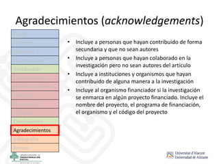 Agradecimientos (acknowledgements)
• Incluye a personas que hayan contribuido de forma
secundaria y que no sean autores
• Incluye a personas que hayan colaborado en la
investigación pero no sean autores del artículo
• Incluye a instituciones y organismos que hayan
contribuido de alguna manera a la investigación
• Incluye al organismo financiador si la investigación
se enmarca en algún proyecto financiado. Incluye el
nombre del proyecto, el programa de financiación,
el organismo y el código del proyecto
Título
Autores
Resumen
Palabras clave
Introducción
Estado del arte
Hipótesis/objetivos
Método
Resultados
Discusión
Conclusiones
Agradecimientos
Bibliografía
Anexos
 
