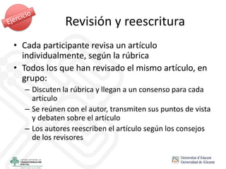 • Cada participante revisa un artículo
individualmente, según la rúbrica
• Todos los que han revisado el mismo artículo, en
grupo:
– Discuten la rúbrica y llegan a un consenso para cada
artículo
– Se reúnen con el autor, transmiten sus puntos de vista
y debaten sobre el artículo
– Los autores reescriben el artículo según los consejos
de los revisores
Revisión y reescritura
 