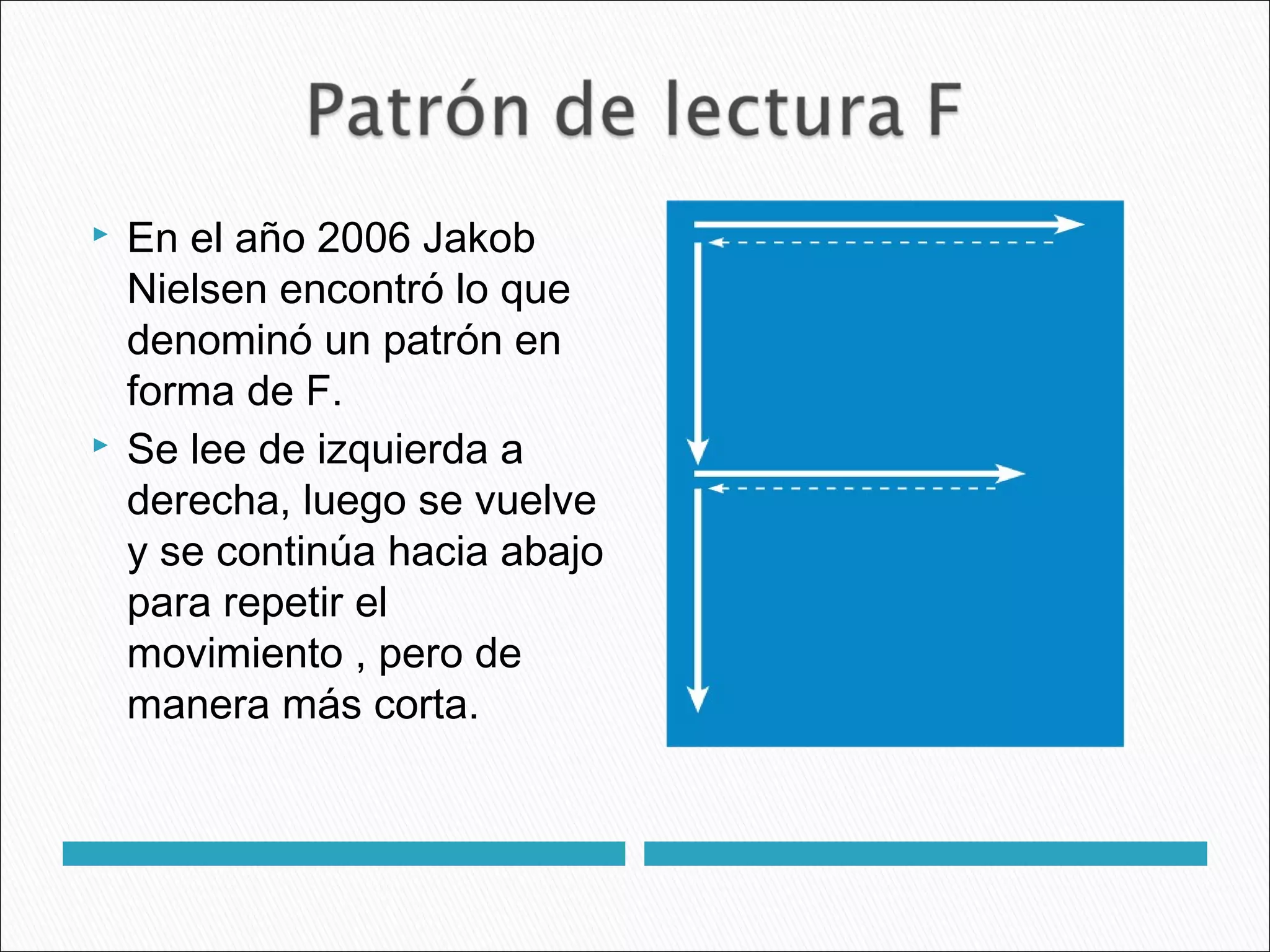  En el año 2006 Jakob
Nielsen encontró lo que
denominó un patrón en
forma de F.
 Se lee de izquierda a
derecha, luego se vuelve
y se continúa hacia abajo
para repetir el
movimiento , pero de
manera más corta.
 