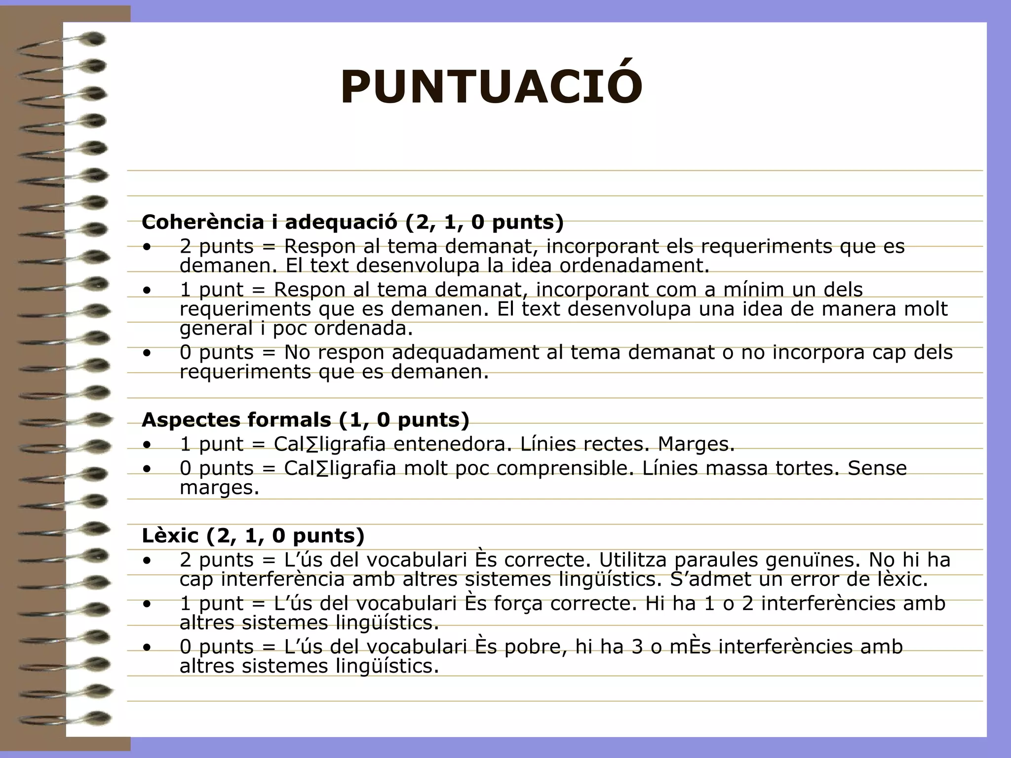 PUNTUACIÓ Coherència i adequació (2, 1, 0 punts) 2 punts = Respon al tema demanat, incorporant els requeriments que es demanen. El text desenvolupa la idea ordenadament. 1 punt = Respon al tema demanat, incorporant com a mínim un dels requeriments que es demanen. El text desenvolupa una idea de manera molt general i poc ordenada. 0 punts = No respon adequadament al tema demanat o no incorpora cap dels requeriments que es demanen. Aspectes formals (1, 0 punts) 1 punt = Cal·ligrafia entenedora. Línies rectes. Marges. 0 punts = Cal·ligrafia molt poc comprensible. Línies massa tortes. Sense marges. Lèxic (2, 1, 0 punts) 2 punts = L’ús del vocabulari és correcte. Utilitza paraules genuïnes. No hi ha cap interferència amb altres sistemes lingüístics. S’admet un error de lèxic. 1 punt = L’ús del vocabulari és força correcte. Hi ha 1 o 2 interferències amb altres sistemes lingüístics. 0 punts = L’ús del vocabulari és pobre, hi ha 3 o més interferències amb altres sistemes lingüístics. 