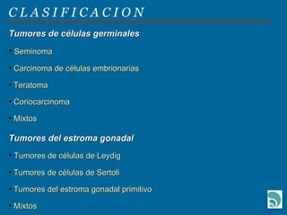 C L A S I F I C A C I O N Tumores de células germinales Seminoma Carcinoma de células embrionarias Teratoma Coriocarcinoma Mixtos Tumores del estroma gonadal Tumores de células de Leydig Tumores de células de Sertoli Tumores del estroma gonadal primitivo Mixtos 