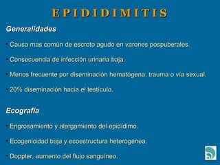 E P I D I D I M I T I S Generalidades Causa mas común de escroto agudo en varones pospuberales. Consecuencia de infección urinaria baja. Menos frecuente por diseminación hematógena, trauma o vía sexual. 20% diseminación hacia el testículo. Ecografía Engrosamiento y alargamiento del epidídimo. Ecogenicidad baja y ecoestructura heterogénea. Doppler, aumento del flujo sanguíneo. 