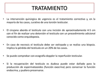 TRATAMIENTO
• La intervención quirúrgica de urgencia es el tratamiento correctivo y, en la
  mayoría de los casos, curativo de una torsión testicular.

• El cirujano aborda el testículo con una incisión de aproximadamente 4-5 cm
  con el fin de realizar una detorsión el testículo con un procedimiento adicional
  conocido como orquidopexia.

• En caso de necrosis el testículo debe ser extirpado y se realiza una biopsia.
  Implica la pérdida del testículo en un 20% de los casos.

• Se puede comprobar con ecografía doppler la reperfusión testicular.

• Si la recuperación del testículo es dudosa puede estar dañado para la
  producción de espermatozoides (función exocrina) pero conservar la función
  endocrina, y pudiera preservarse.
 