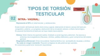 INTRA– VAGINAL:
02
Representa el 95% en edad escolar, y adolescentes.
Existe torsión del testículo dentro de la túnica vaginal, deteniendo el retorno venoso del testículo:
congestión y edema: y si progresa, obstrucción de la circulación arterial, e infarto hemorrágico.
En posición de litotomía el testículo se haya rotado hacia adentro.
Clínica: Dolor intenso de aparición súbita, Irradiado a canal inguinal y abdomen, Se associa a
sintomas neurovegetativos (Náuseas, vômitos, palidez,diaforesis) y gran compromiso del estado
general.
Diagnóstico diferencial: Crisis renoureteral. Gastroenteritis si se acompaña de náuseas y vómitos.
No cede en ningún momento: Requiere analgesia de alta potencia tipo opioides.
En ocasiones puede tener resolución espontánea.
TIPOS DE TORSIÓN
TESTICULAR
 