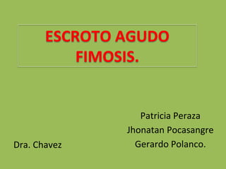 Patricia Peraza
Jhonatan Pocasangre
Gerardo Polanco.
ESCROTO AGUDO
FIMOSIS.
Dra. Chavez
 