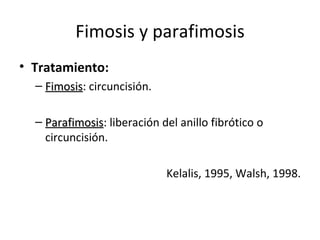 Fimosis y parafimosis Tratamiento: Fimosis : circuncisión. Parafimosis : liberación del anillo fibrótico o circuncisión. Kelalis, 1995, Walsh, 1998. 