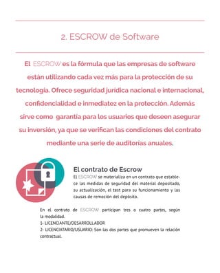 2. ESCROW de Software
El contrato de Escrow
El escrow se materializa en un contrato que estable-
ce las medidas de seguridad del material depositado,
su actualización, el test para su funcionamiento y las
causas de remoción del depósito.
En el contrato de escrow participan tres o cuatro partes, según
la modalidad.
1- LICENCIANTE/DESARROLLADOR
2- LICENCIATARIO/USUARIO: Son las dos partes que promueven la relación
contractual.
El escrow es la fórmula que las empresas de software
están utilizando cada vez más para la protección de su
tecnología. Ofrece seguridad jurídica nacional e internacional,
confidencialidad e inmediatez en la protección. Además
sirve como garantía para los usuarios que deseen asegurar
su inversión, ya que se verifican las condiciones del contrato
mediante una serie de auditorías anuales.
 
