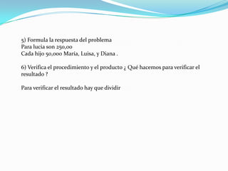 5) Formula la respuesta del problema
Para lucia son 250,00
Cada hijo 50,000 María, Luisa, y Diana .
6) Verifica el procedimiento y el producto ¿ Qué hacemos para verificar el
resultado ?
Para verificar el resultado hay que dividir

 